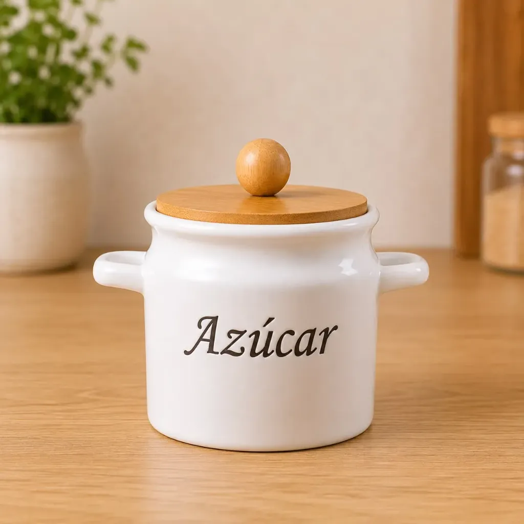 [COC-00021] Azucarero Loza Brillante con Tapa Bambú